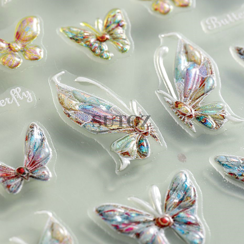 Aurora Butterfly Nail Stickers 5D Relief Color Glitter Butterfly Design Nail Art Decals Watercolor Butterflies Manicure 5D-R018