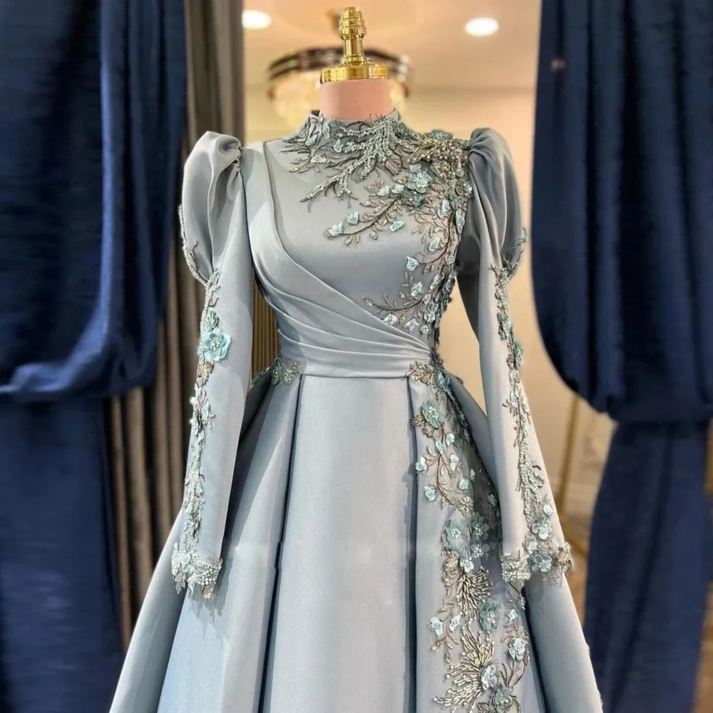 Arabic Muslim Pleats A-Line Evening Dresses Beads 3D Floral Appliques Dubai Satin Elegant High Collar Floor Length Formal Party Gown Reception Prom En