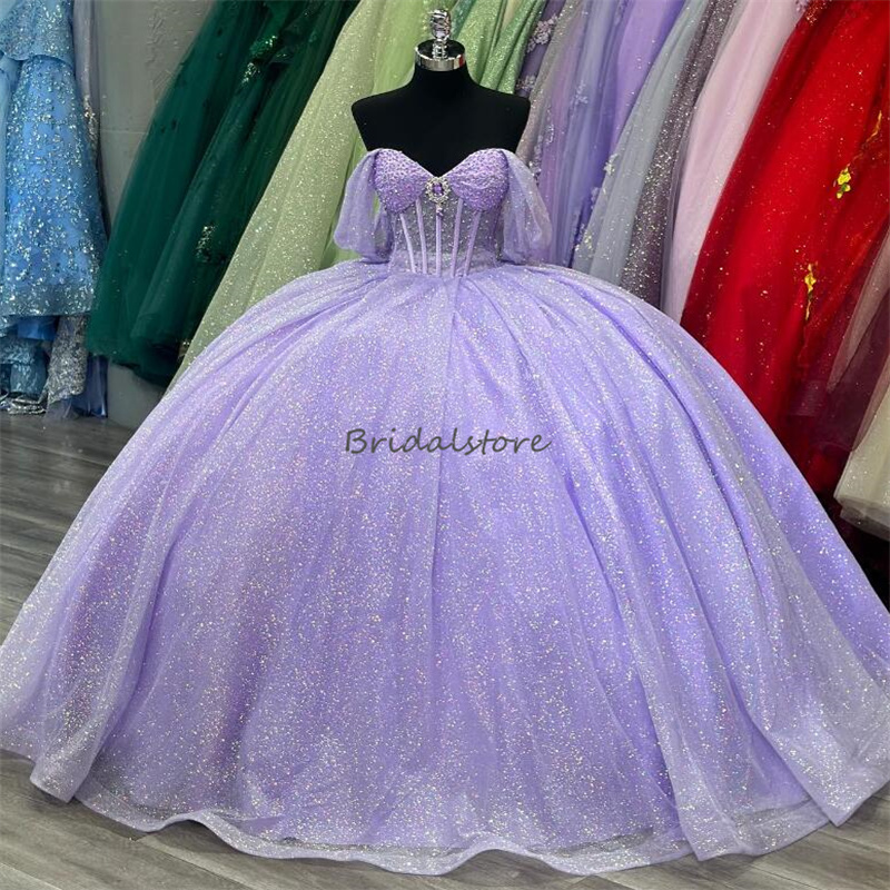 Glitter Lilac Quinceanera Dresses 2024 Charro Off Shoulder Vestidos De 15 Anos Quinceanera Corset Birthday Fifteen Party Gowns Big Bow Back Vestidos D