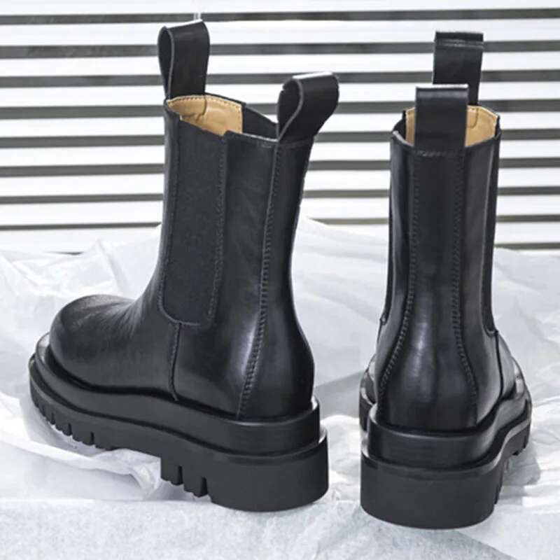 Fashion Chunky Women Medium New Autumn Winter Casual Thick Soled Slip-On Short Boots Plush Black Leather Woman Shoes
