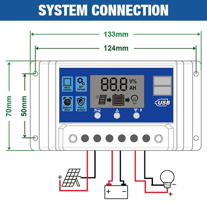 Solar Charge Controller 12V/24V PWM 10A 30A 60A with Adjustable LCD Display Timer Setting EESBAO