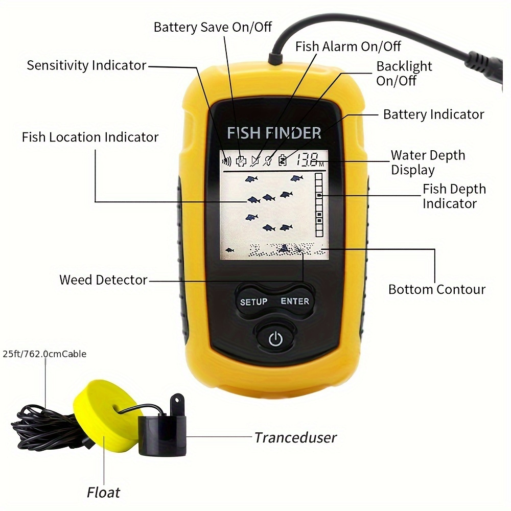 Portable Fish Finder with English Display, Sonar Sounder, Alarm Transducer, Fishfinder, 0.7-100m