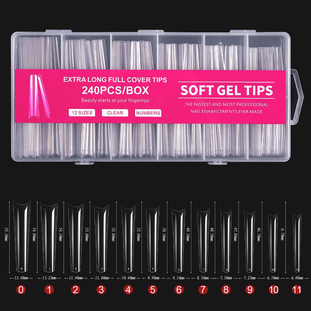 240pcs Artificial Fingernail Long Square Coffin False Full Covered Manicure Accessory XL Soft Gel Nail Tips Nail Tech Supplies