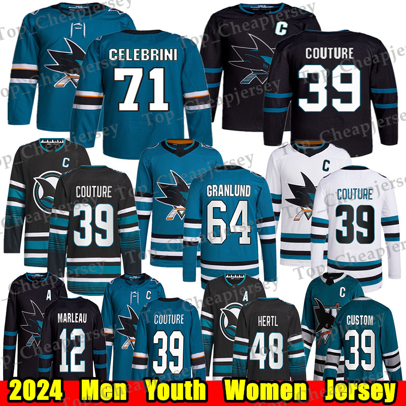 #71 Macklin Celebrini San Jose hockey jersey #39 Logan Couture Nico Sturm Brent Burns Mackenzie Blackwood Macdonald Calen Addison Patrick Marleau Sharks jerseys