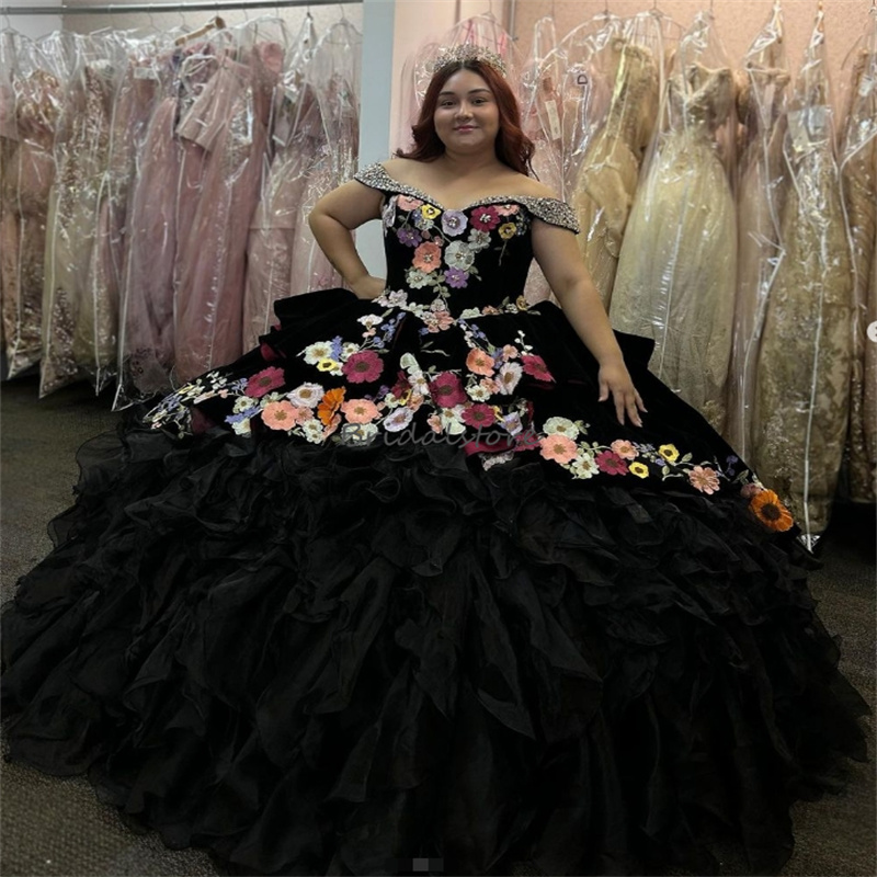 Black Mexican Quinceanera Dresses Charro Colorful Flowers Beaded Tiered Ruffles Fifteen Birthday Dress Wth Beaded Vestidos De Xv Anos Sweet 16 Dress D