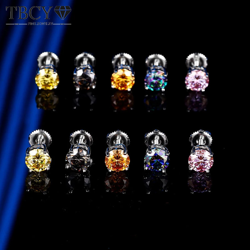 TBCYD 0.3-2CT Multicolor Moissanite Screwback Earrings For Women S925 Silver Classic Four Claw Ear Studs Luxury Wedding Jewelry