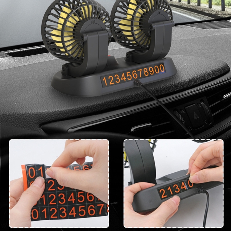 Car Cooling Fan Angle Adjustable Dual Head Fan with Parking Phone Number Plate N0HF
