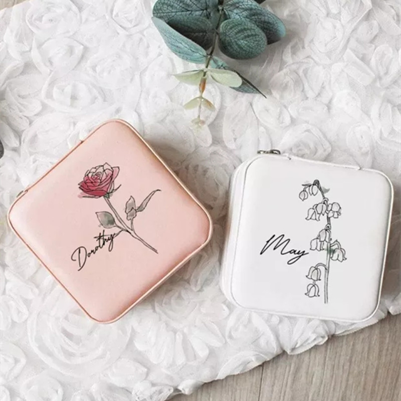 Personalised Birth Month Flowers Jewellery Box Travel Jewelry Cases Customized Birth Flower Jewelry Boxes Birthday Gifts for Her