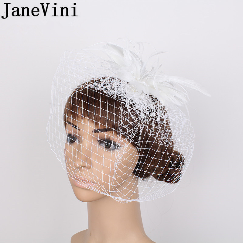 JaneVini 2020 New White Wedding Hat with Comb Veil Feather Wedding Hats Fascinators for Women Elegant Brides Hair Decoration