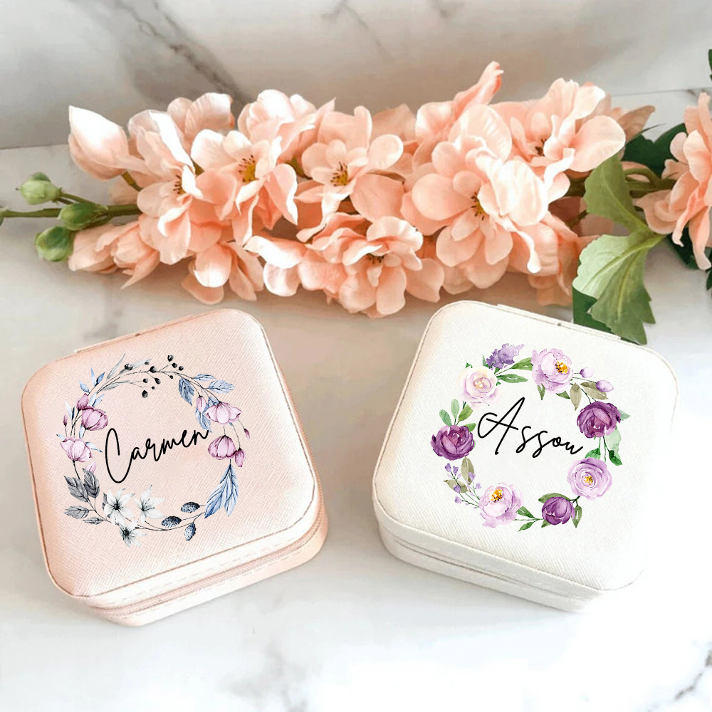 Personalized Jewelry Box Wreath with Name Jewellery Boxes Ring Box Girls Travel Jewellery Case Bridesmaid Proposal Gifts for Her