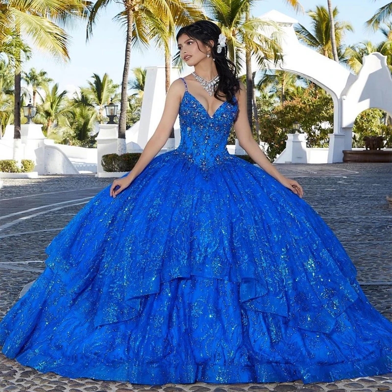2025 Blue Quinceanera Dresses Sequin Lace Ball Gown Prom Dresses V-Neck Sweet 16 Dress Long Formal Dress