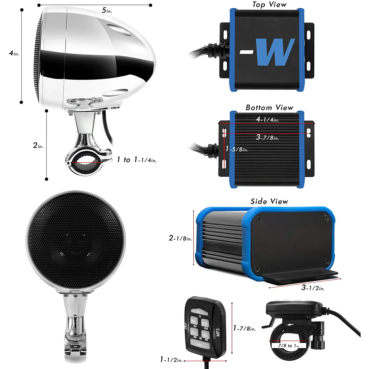 300W 2CH Waterproof Amplifier Motorcycle Audio System Outdoor ATV/UTV Stereo Bluetooth Speakers with FM Radio, USB, AUX MP3 Play