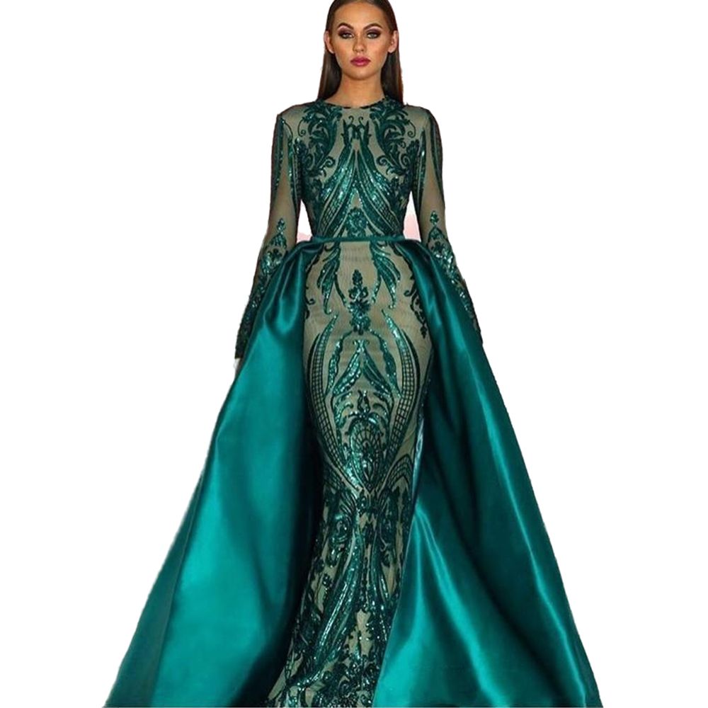 Elegant Arabic African Green Mermaid Prom Dresses With Detachable Skirt Long Sleeves Sparkly Sequins Long Sleeves Muslim Formal Occasion Gowns Evening