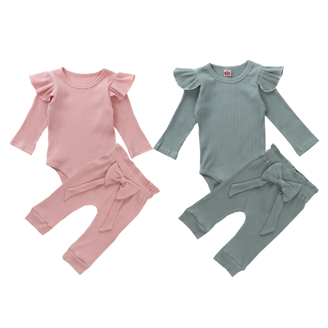 2Pcs New Autumn Winter Baby Girls Clothes Cute Bow Ribbed Solid Long Sleeve Jumpsuit Bodysuit+Pants Toddler Infant Outfits