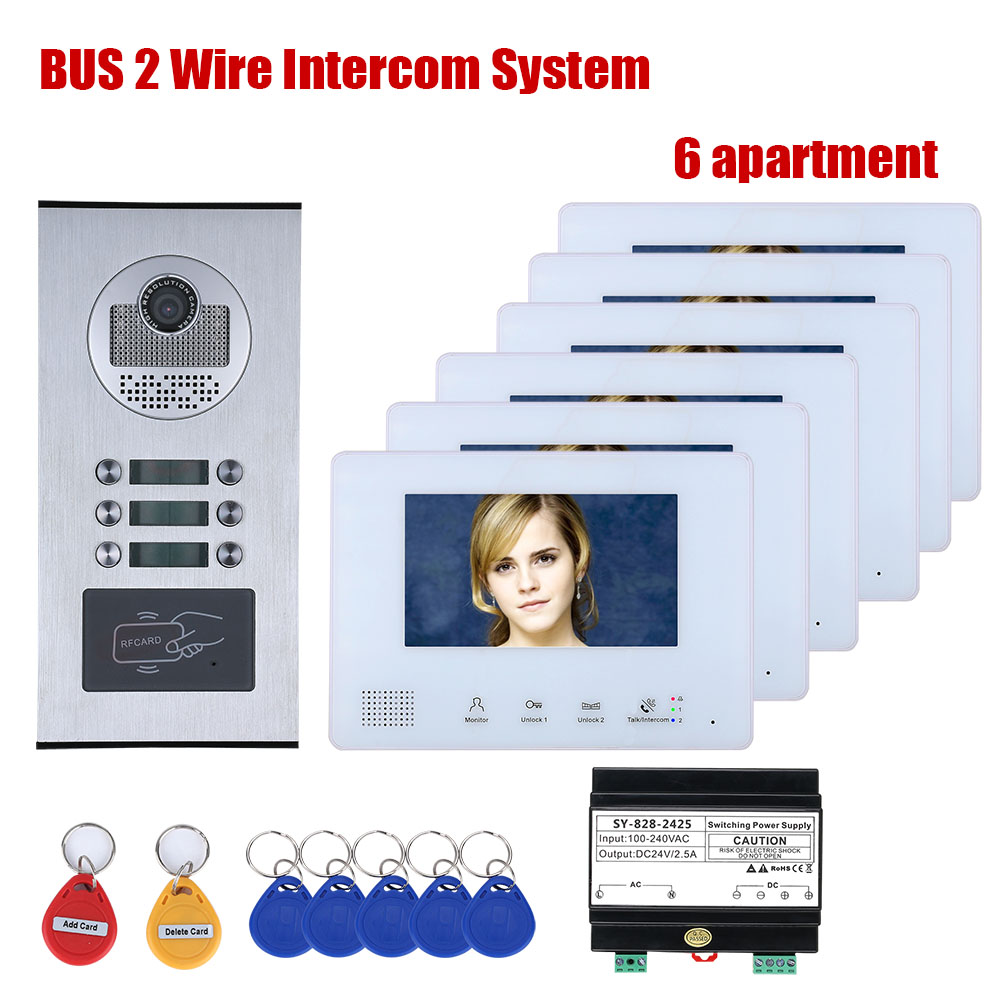 7 Inch BUS 2 Wire Video Door Phone Intercom systems Kit for home 2/3/4/5/6 Units Apartment Night Vision