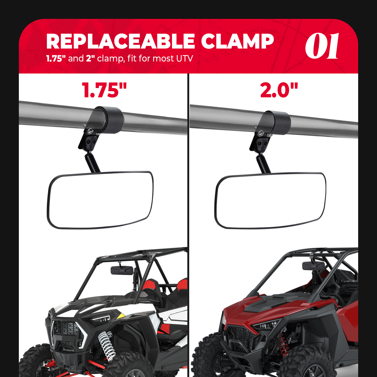 1.75"-2" Rearview Center Mirror Compatible with Polaris RZR 1000 XP for Can-am Maverick X3 Commander for Arctic Cat for Cf moto