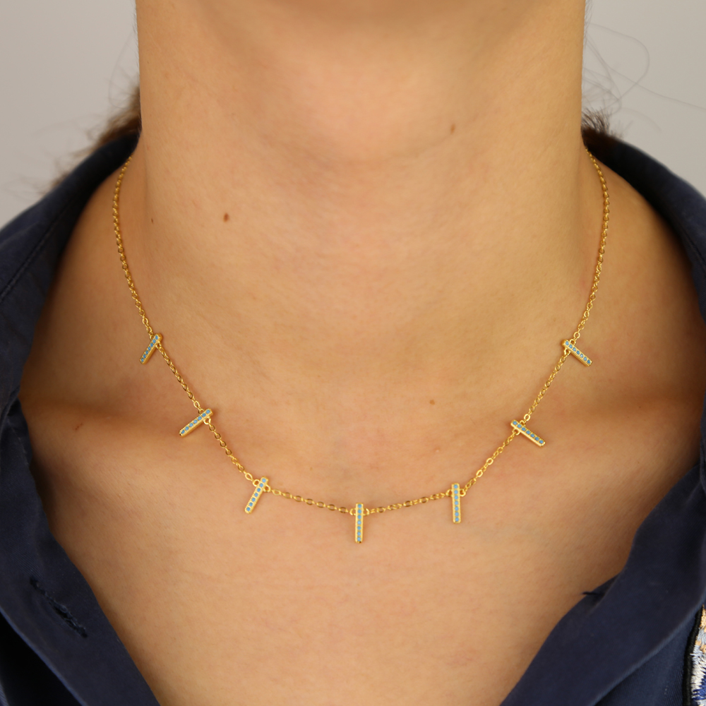 925 Sterling Silver Mother's Day Gift Simple Multi Layers Tassels Bar Charm Jewelry Pave Blue-Turquoises Delicate Necklaces 2024