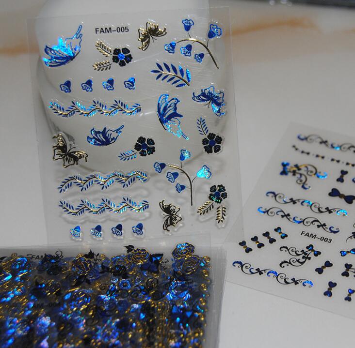 1 Set 24/30/50 Sheet Random Nail Art Sticker Transparent Bottom White Black Blue Flower Butterfly Series 3D Nail Sticker