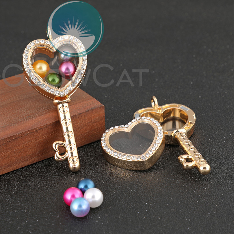 Heart Key Magnetic Glass Floating Charms Locket Pendant Living Memory Photo Lockets 5 Styles