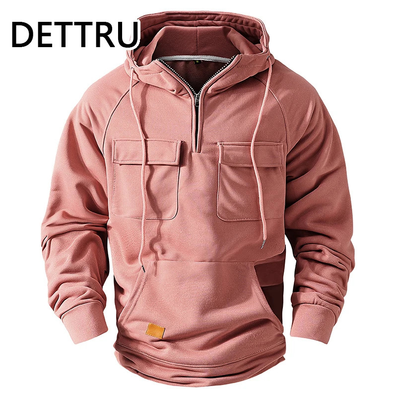 Mens Hoodies Sweatshirts Multi Pockets Male Hooded Jackets Outdoor Half Zipper 240620