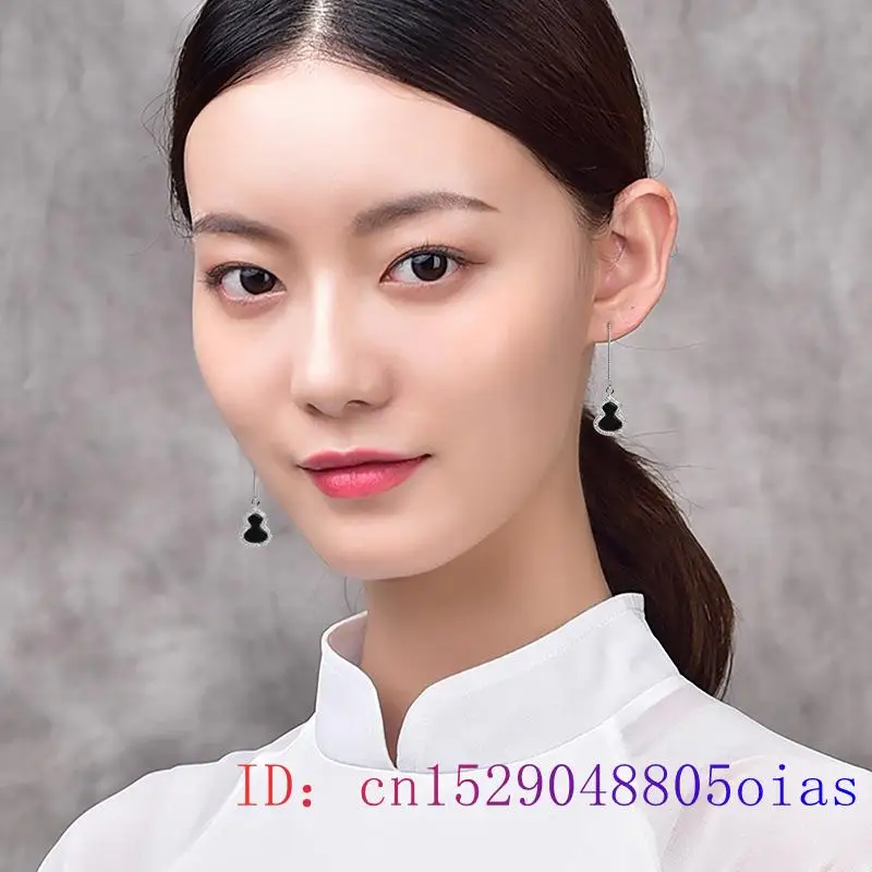 Burmese Jade Gourd Earrings Gift Charm Amulets Luxury Women Jewelry Charms Gifts Certificate 925 Silver Natural Amulet Black
