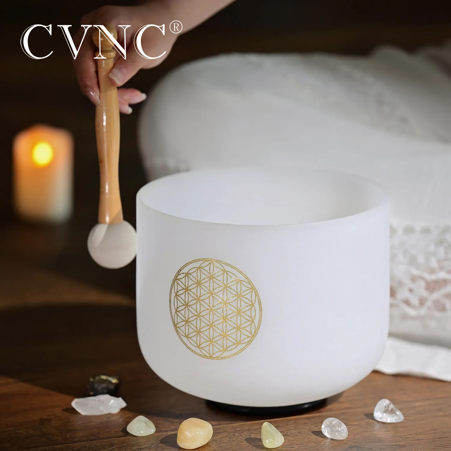 CVNC 8 Inch 528 Hz Life Flower Design Crystal Singing Bowls Quartz Chakra For Sound Healing Instrument Meditiation
