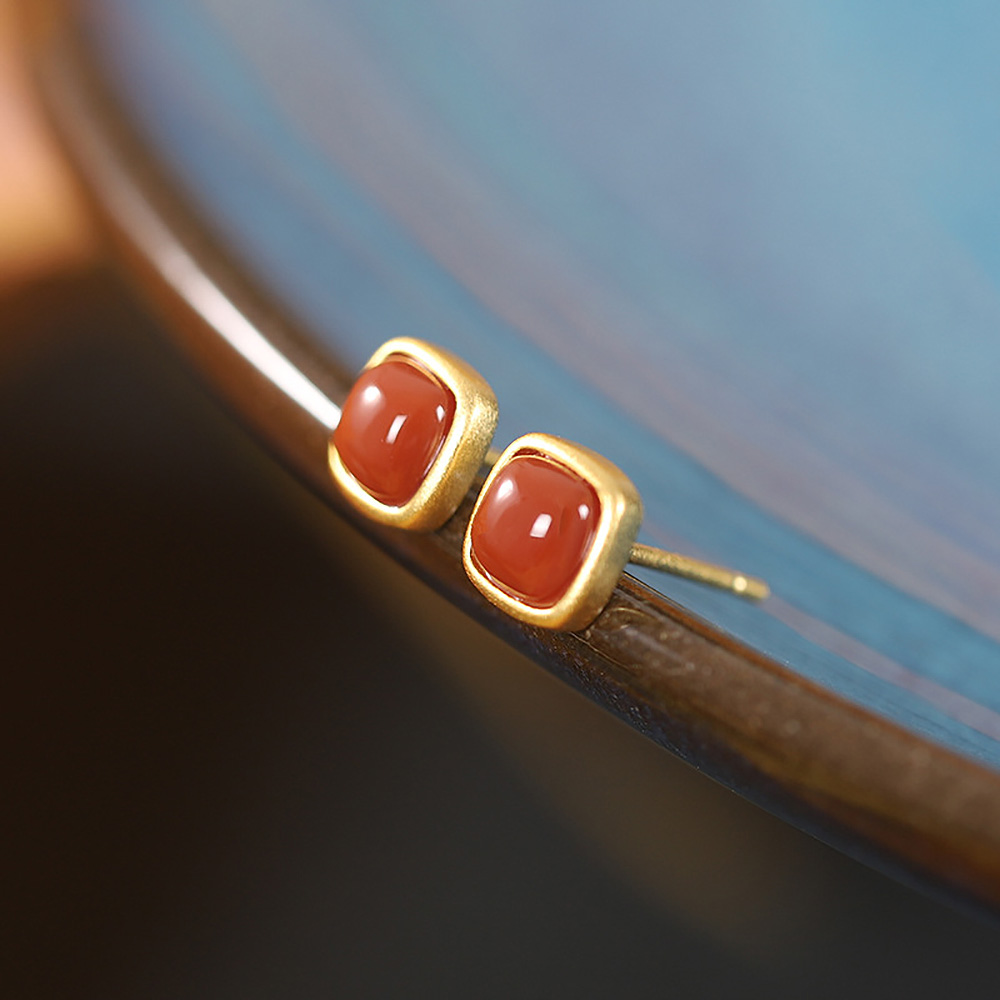 Turquoise Earrings For Women Natural Hotan Jade Red Agate Square Ear Studs Simple Chinese Style Jewelry Wholesale Free Shipping
