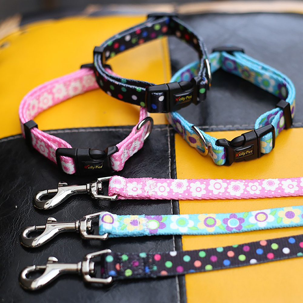 Polyester Printed Dog Leash Collar Set,Small & Medium Teddy Pomeranian Adjustable Pet Collar Leashes for Outdoor Travel Training