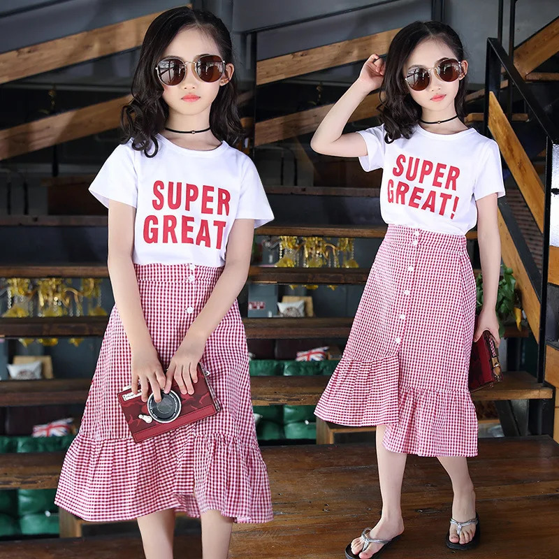 Summer Clothes Kids Girls Fashion Outfit Children Cotton Letter T shirt Split Plaid Skirts 5 6 7 8 9 10 11 12 13 year 240624