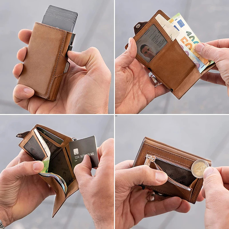 PopUp Credit Card Case with RFID Protection Genuine Leather Wallet Compartment for Notes and Coins Men Women 240626