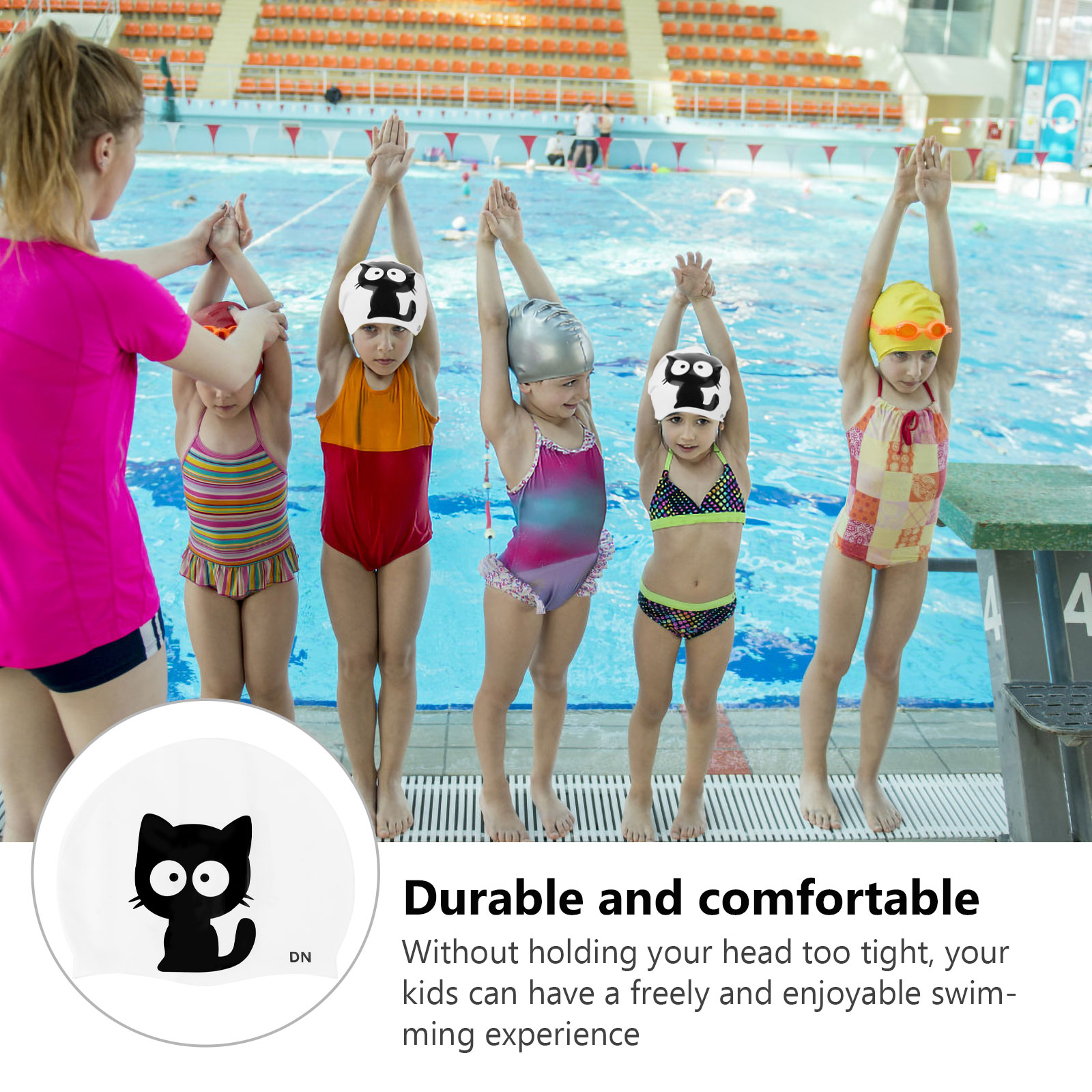 White Swimming Diving Cap for Kids Toddlers Pool Aquatic Sports Accessories for Boys and Cat Swim Cap Beginner for Children