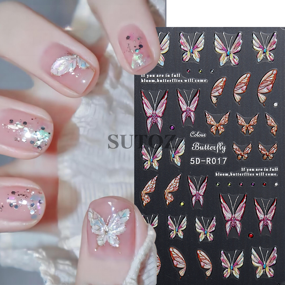 Aurora Butterfly Nail Stickers 5D Relief Color Glitter Butterfly Design Nail Art Decals Watercolor Butterflies Manicure 5D-R018