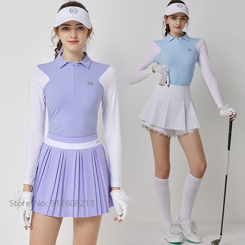 Blktee Summer Lady Long Sleeve Sunscreen Golf Shirt Ice Silk Tops Zipper Collar T-Shirt Women Pleated Skirt High Waist Skort Set