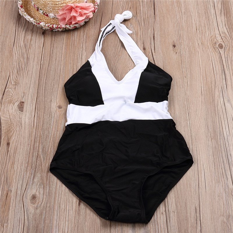 New One Piece Swimwear Women Sexy Halter Beach Wear Brazilian Swimsuit Black White Patchwork Push Up Bathing Suit Women Monokini