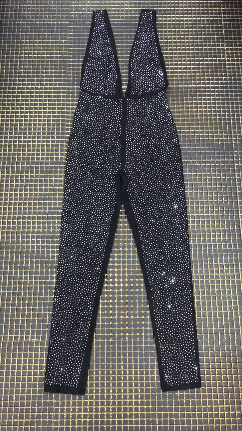 Black Elegant Sequin Jumpsuit Women Sleeveless Office Overalls Female Sexy Deep V-Neck Party Club Bandage Jumpsuits