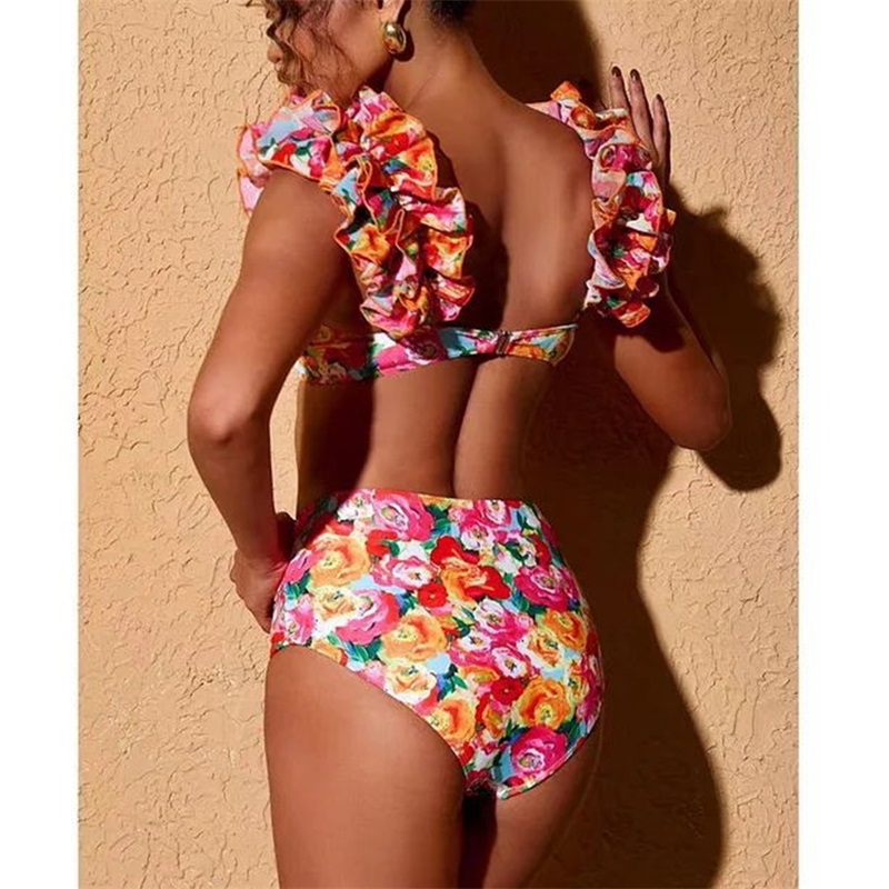 2024 3Pc High Quality Ruffle Bikini Set With Cover Up Floral Swimsuit Women Print Bathing Suit Push Up Biquini Female Beachwear