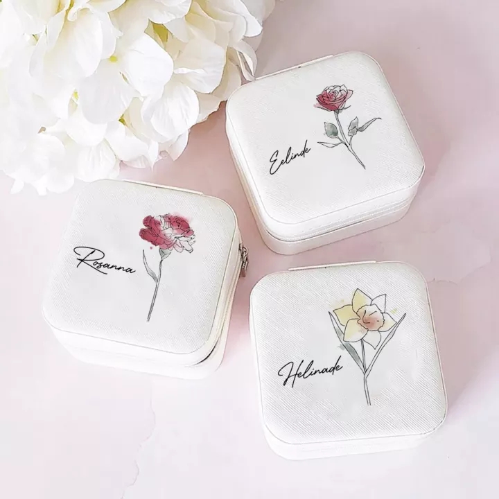 Personalised Birth Month Flowers Jewellery Box Travel Jewelry Cases Customized Birth Flower Jewelry Boxes Birthday Gifts for Her