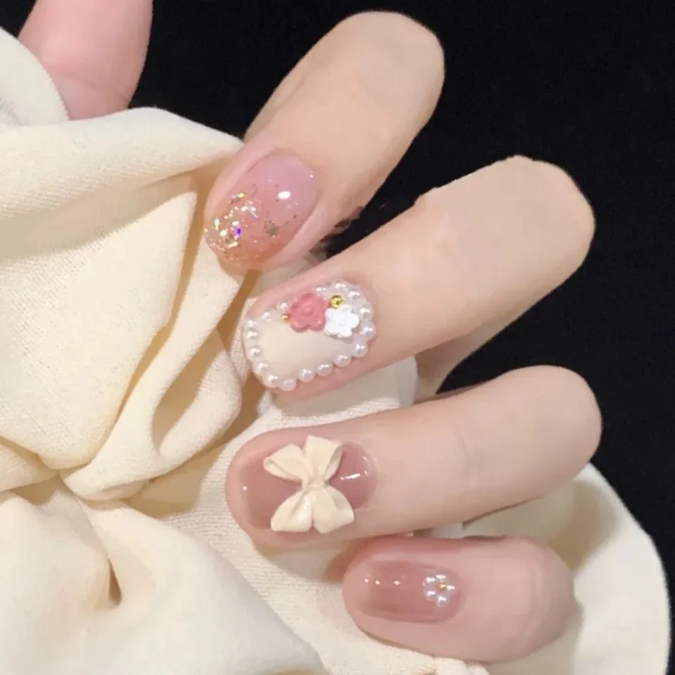 Cute Bow Cherry Blossom Fake Nails Cherry Blossom Rain Short Nail Patch Palace Pearl Handmade Light Therapy Nail Bridal Nail Art