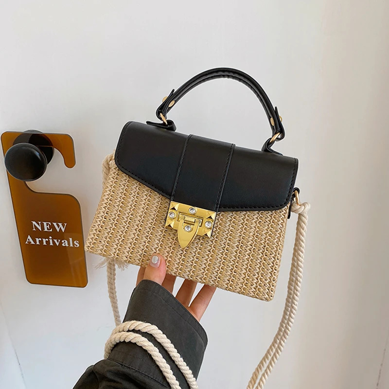 PU Straw Splicing Square Hand Hasp Rope High Quality Shoulder and Crossbody Bags for Women 2024 Casual Hot Sale Summer H6.29#36 ddmymoon