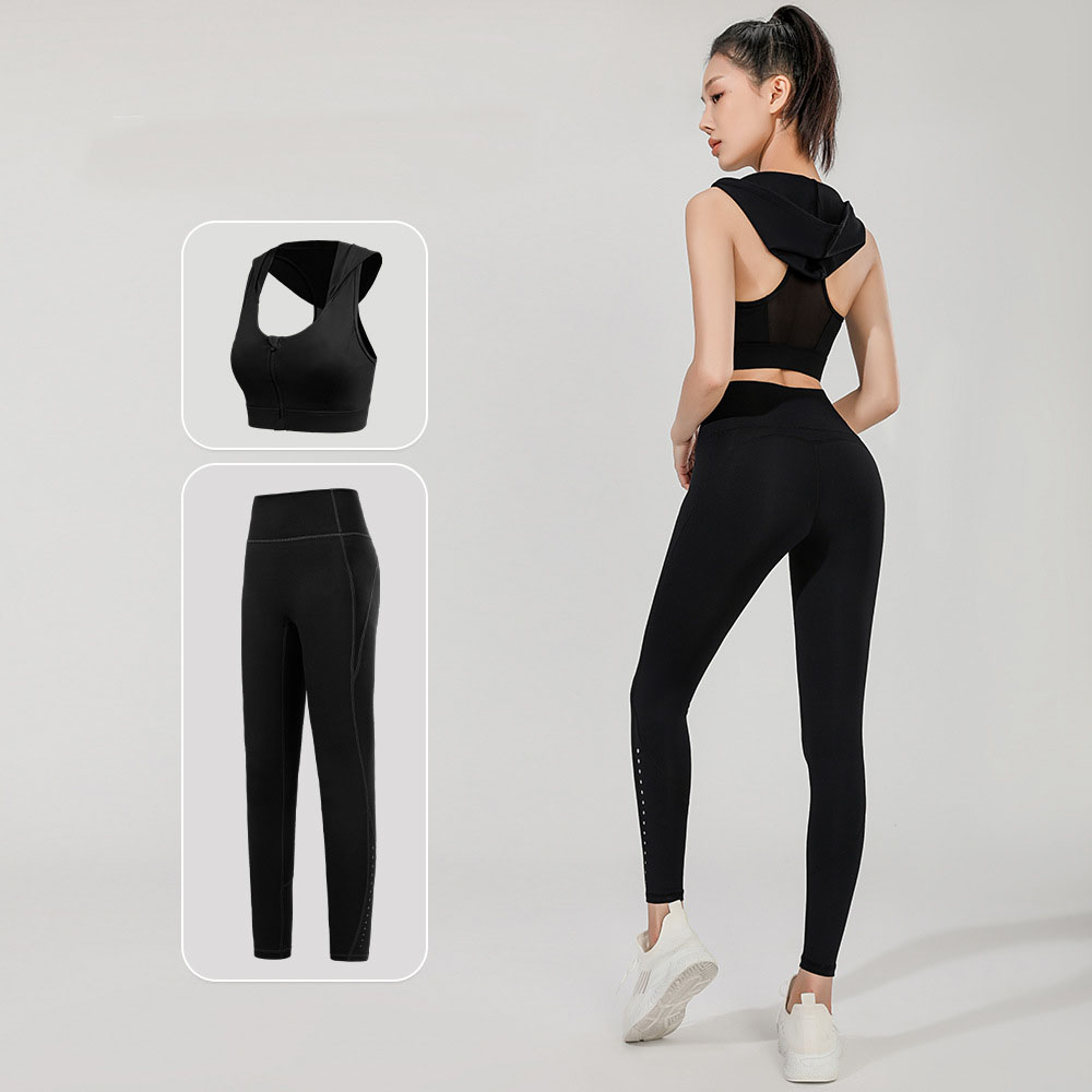 2 Pieces Yoga Sets High Impact Bra With Zipper Hooded Tops Hip Push Up Leggings Gym Workout Clothing Pilates Stretchy Activewear