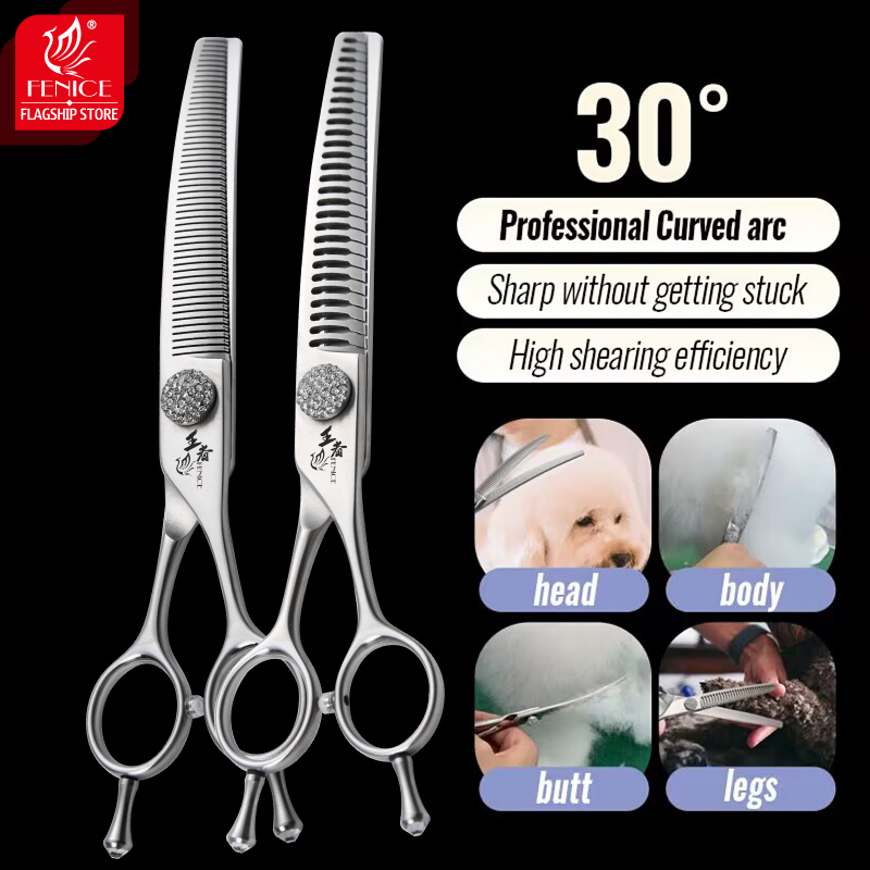 Fenice Dog Grooming Scissors Diamond Screw 7/7.5 Inch Curved Chunker Scissors Thinner Shears for Dog Beauty Scissors