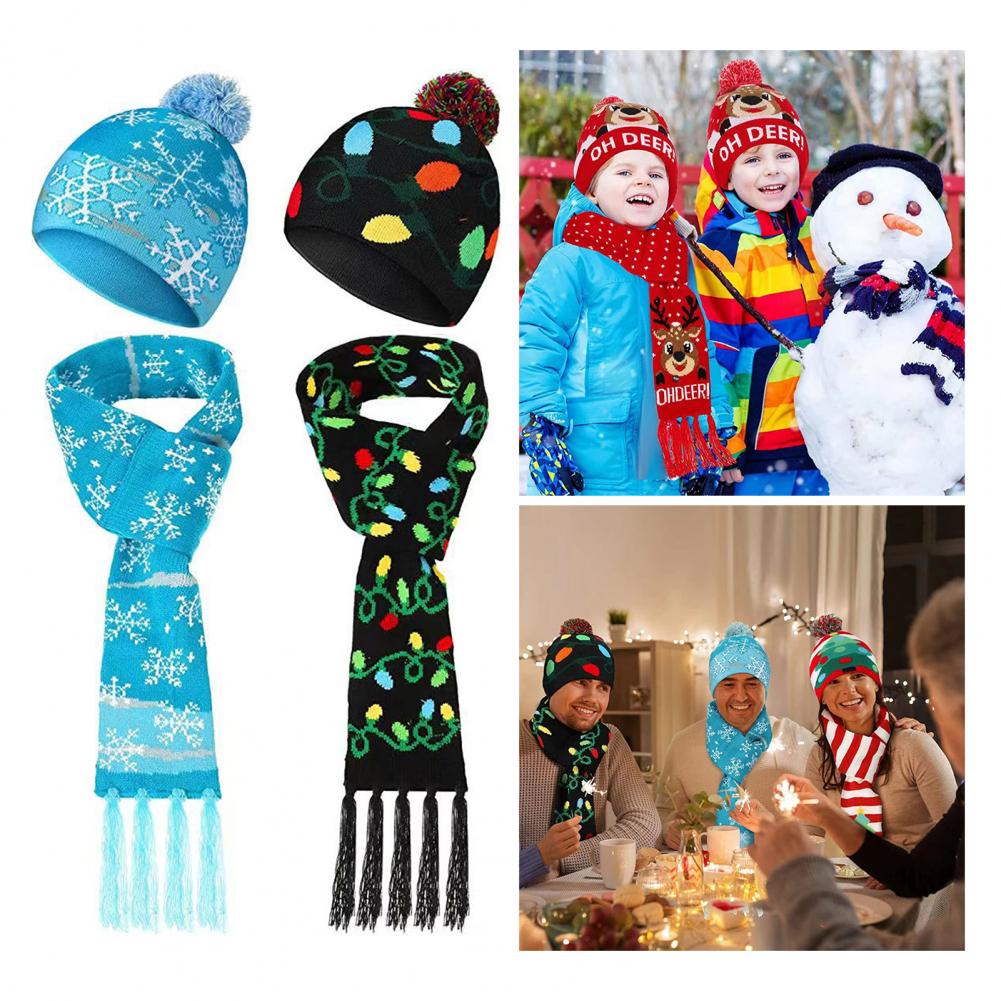1 Set Hat Scarf Set LED Christmas Cap Snowflake Santa Elk Christmas Tree Print Bright Color Matching Unisex New Year Festive Tas