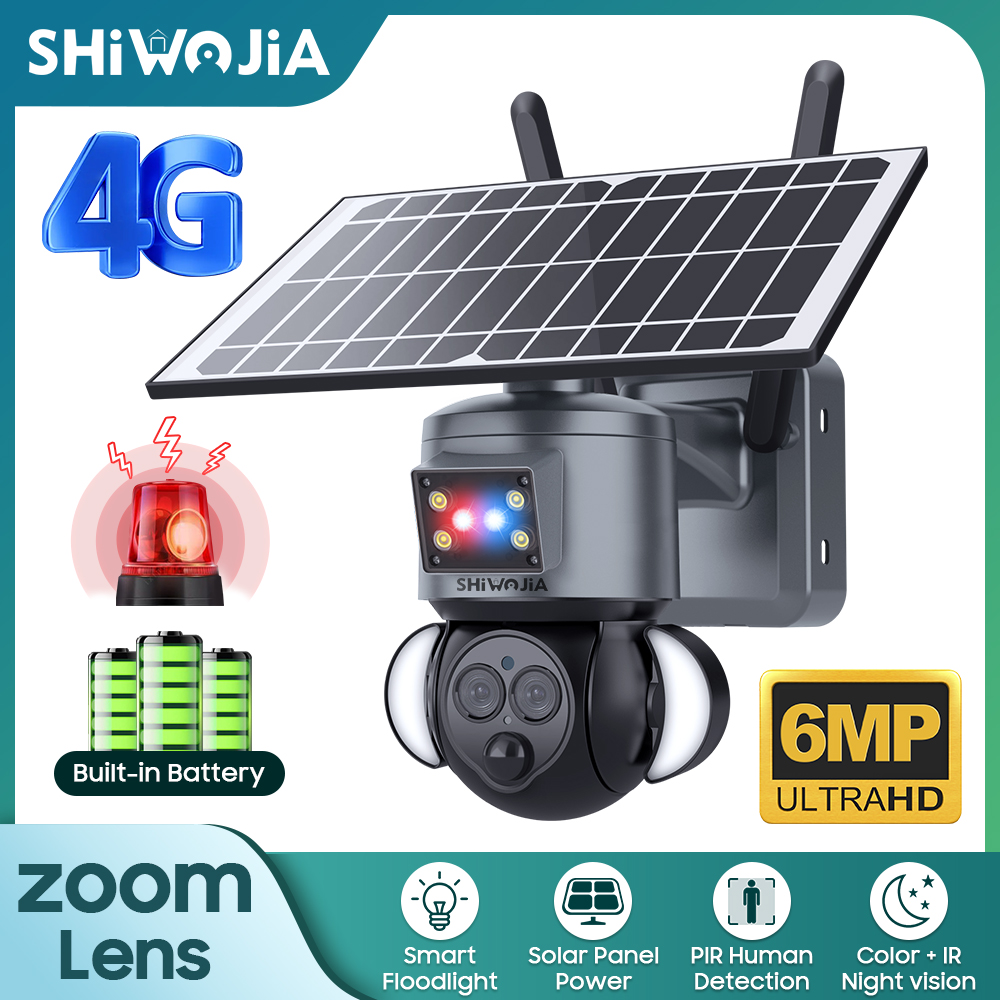 SHIWOJIA 12X ZOOM Solar Battery Camera WIFI/4G Sim Surveillance Camera Solar Powered 6MP Outdoor PIR Monitor CCTV Video Security