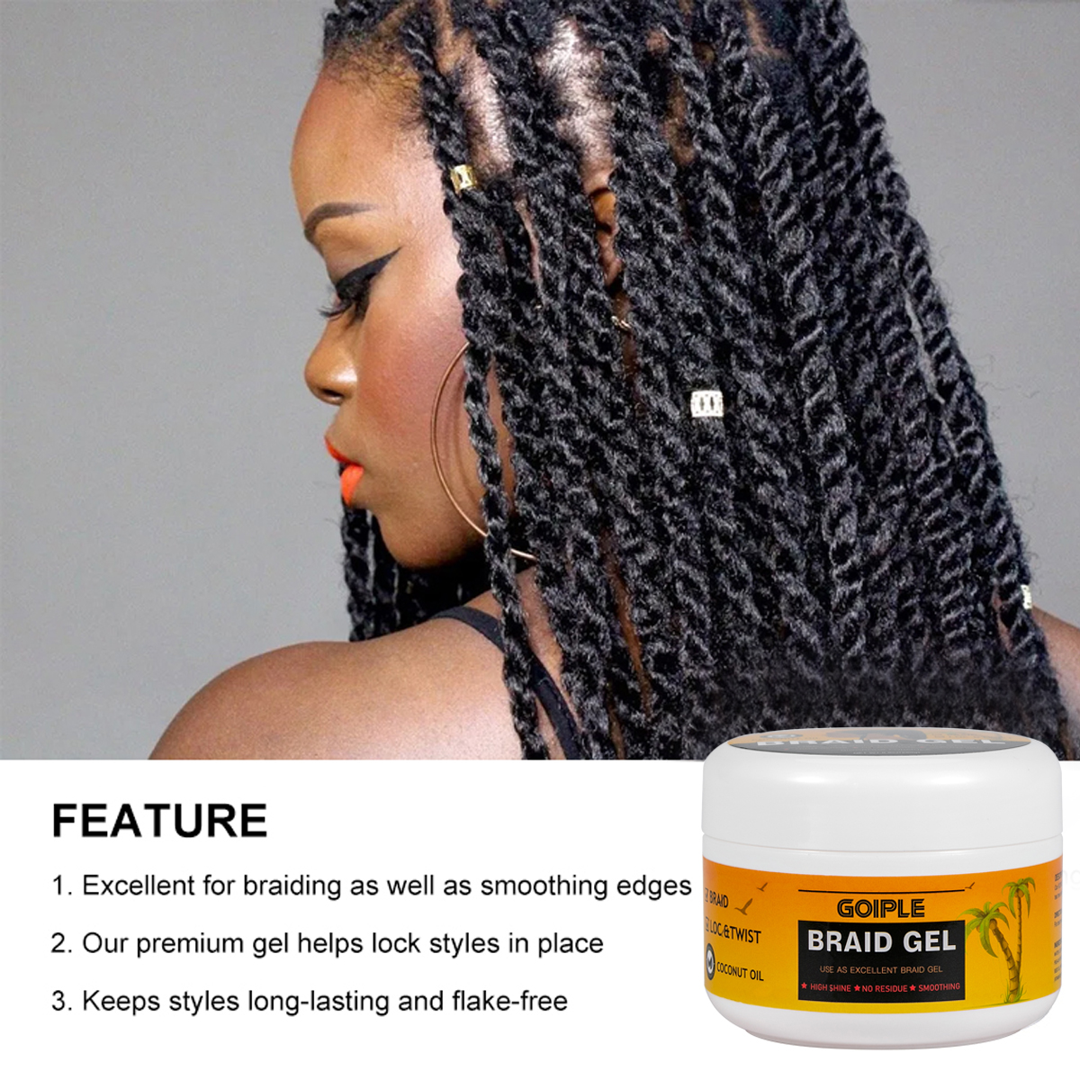 GOIPLE Long Lasting Hold Braid Gel for Black Women Shine n Jam Loc and Twist Wax Tames Frizz Edges Hair Cornrow Styling Product