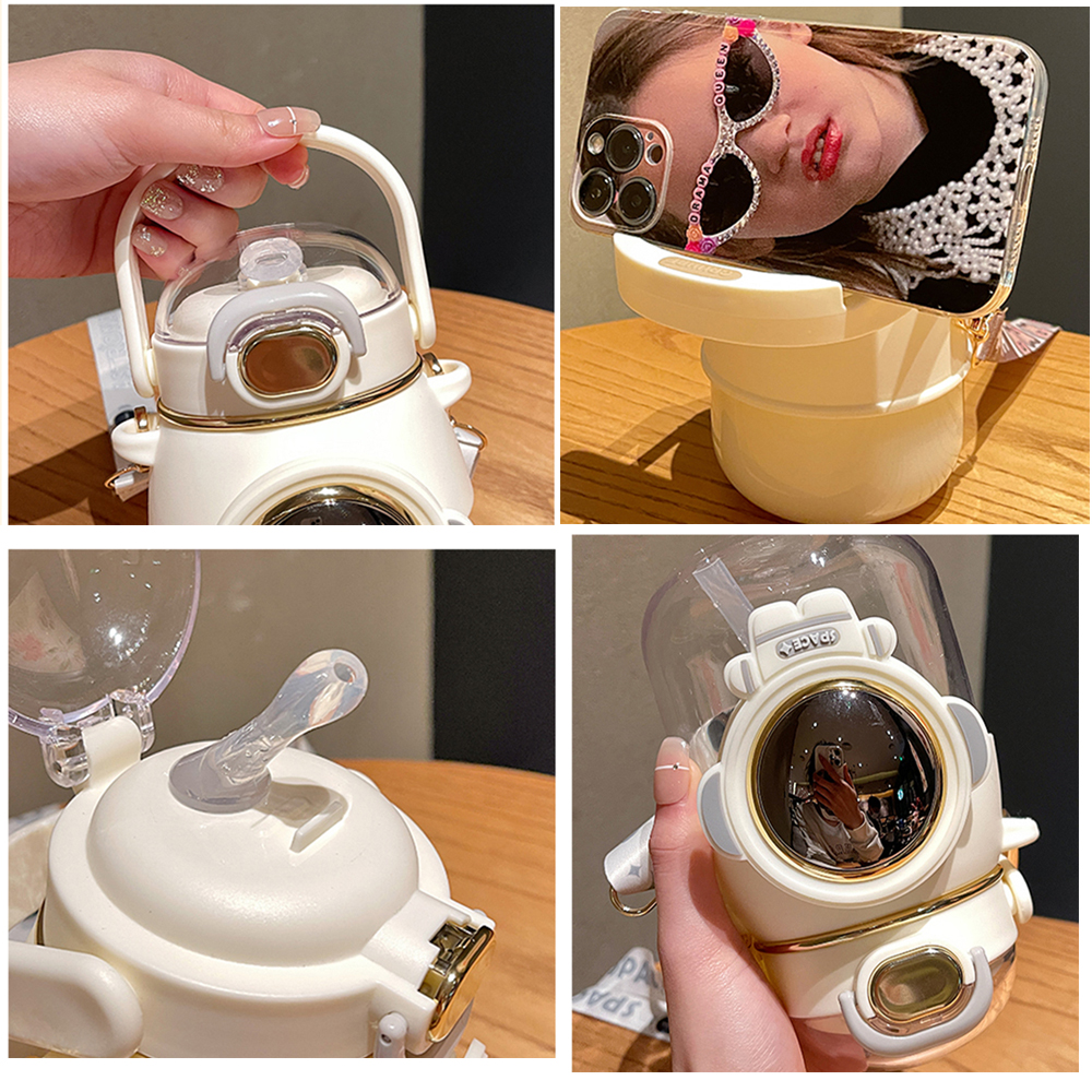 830ml Kawaii Astronaut Water Bottle For Kids Girls BPA Free Cute Plastic Coffee Milk Drinking Bottle With Straw Strap 3D Sticker