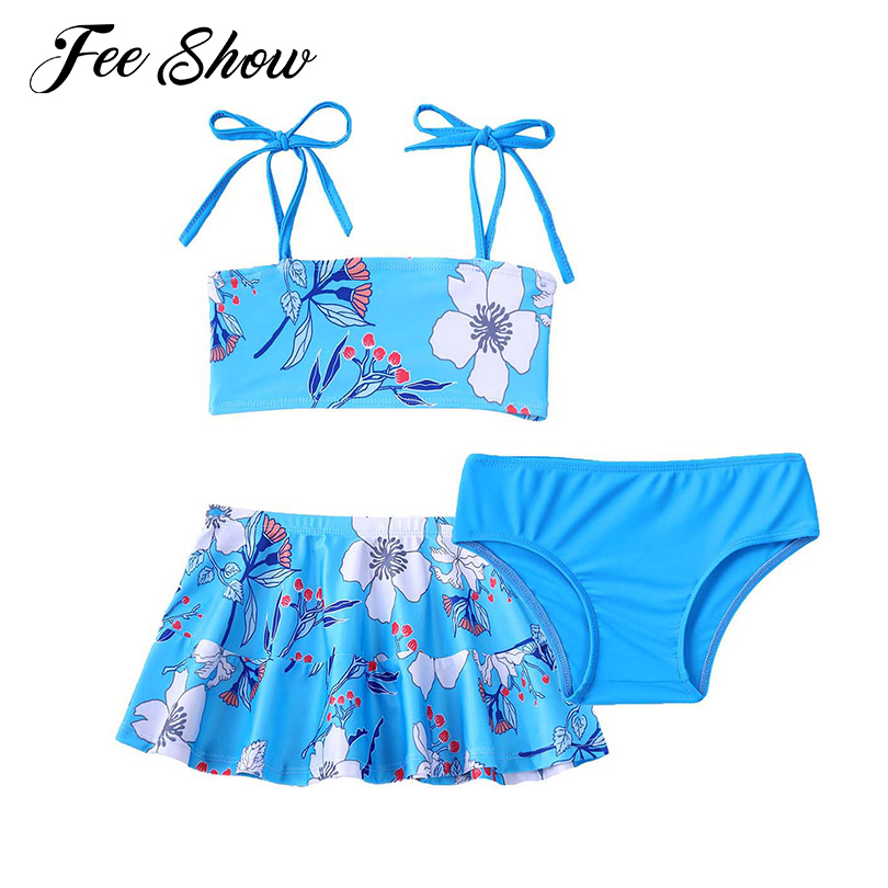 Teenage Girls Swimsuits Summer Brazilian Swimming Suit Swimwear Straps Tube Tops with Briefs Skirt Set Bathing Suits Beachwear