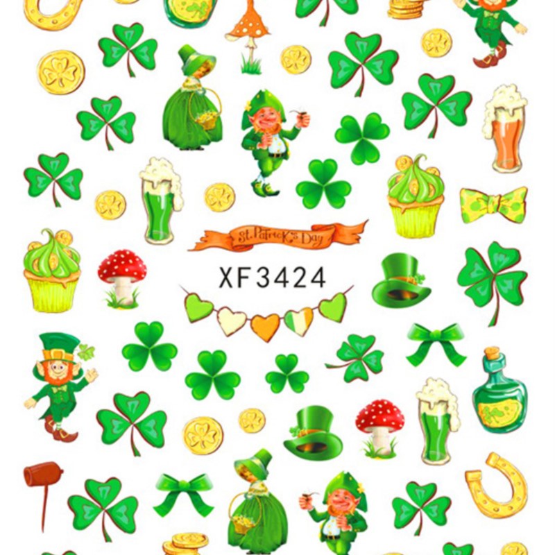 10 Sheets Green Irish Trefoil 3 Leaf Lucky Flowers St. Patrick's Day Adhesive Nail Art Stickers Decals Manicure Charms Suppliers