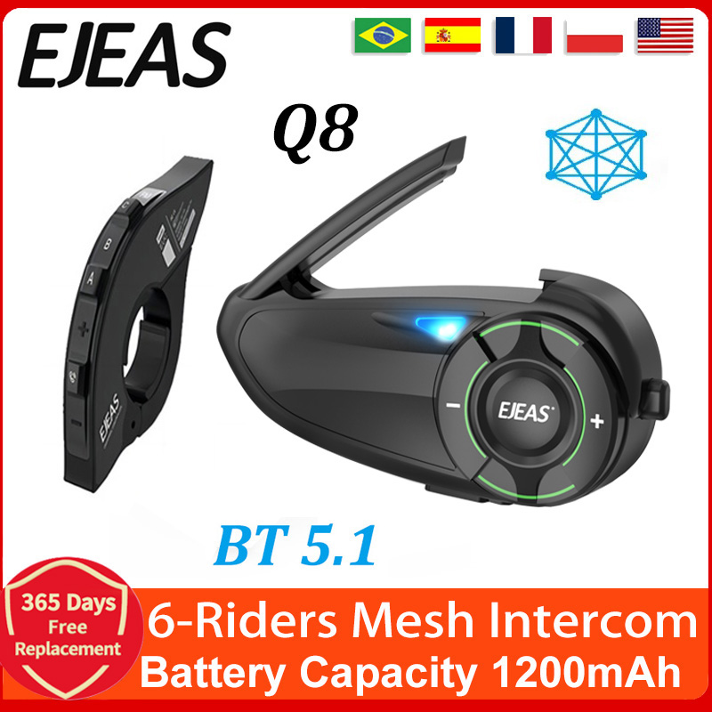 EJEAS Q8 Motorcycle Helmet Headset Intercom Type-C Charging Interface Adopts New Mesh3.0 Technology To Support Channel Switching