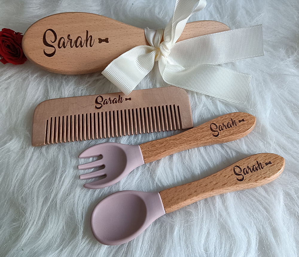 Custom Name Baby Care Hair Brush, Silicone Spoon, Feeding Supplies, Newborn Accessories, Teething Baby Shower, Guests Gift