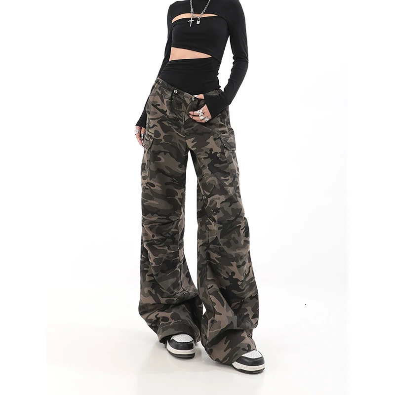 American Retro High Street Casual Overalls Camouflage Loose Wide Leg Pants For Women Y2k Hiphop Cargo Grunge Baggy Trousers 240626
